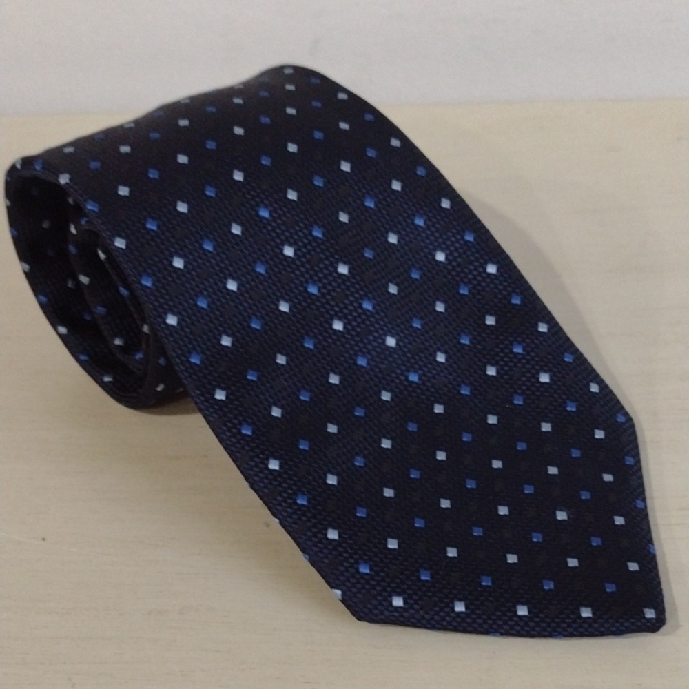 Giorgio Armani 100% Silk Navy Blue Tie With Blue Squares